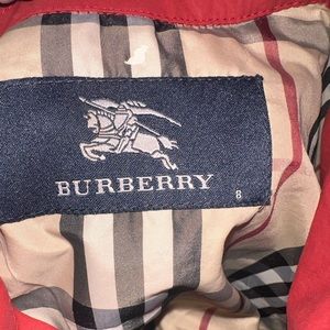 Burberry girls raincoat and bucket hat. Gently used. Burgundy. Size 8